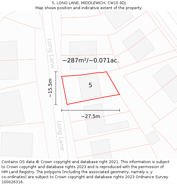 5, LONG LANE, MIDDLEWICH, CW10 9DJ: Plot and title map