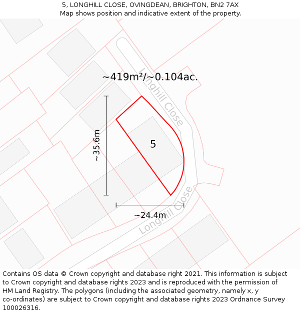 5, LONGHILL CLOSE, OVINGDEAN, BRIGHTON, BN2 7AX: Plot and title map