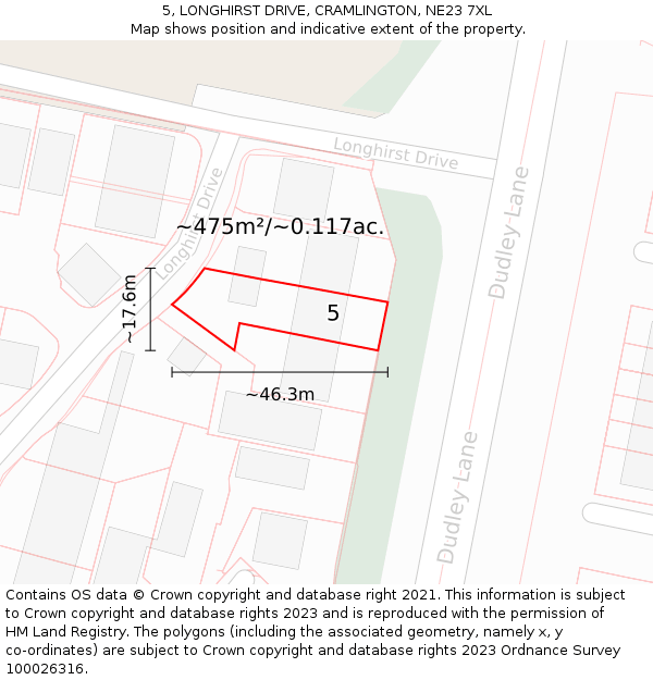 5, LONGHIRST DRIVE, CRAMLINGTON, NE23 7XL: Plot and title map