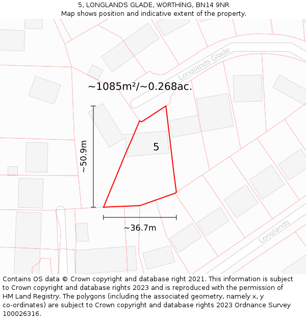 5, LONGLANDS GLADE, WORTHING, BN14 9NR: Plot and title map