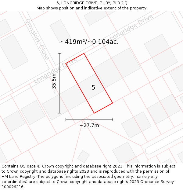 5, LONGRIDGE DRIVE, BURY, BL8 2JQ: Plot and title map