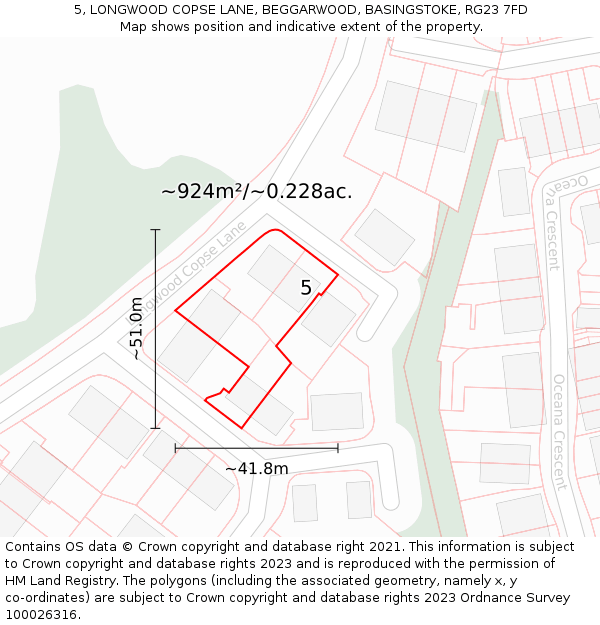 5, LONGWOOD COPSE LANE, BEGGARWOOD, BASINGSTOKE, RG23 7FD: Plot and title map