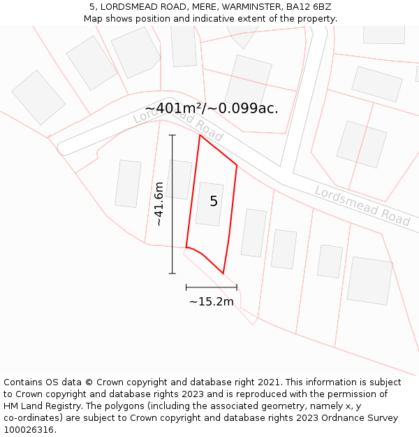 5, LORDSMEAD ROAD, MERE, WARMINSTER, BA12 6BZ: Plot and title map