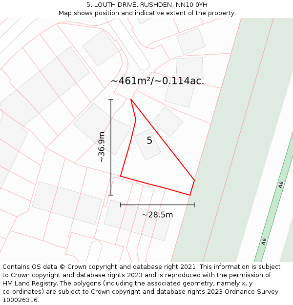 5, LOUTH DRIVE, RUSHDEN, NN10 0YH: Plot and title map