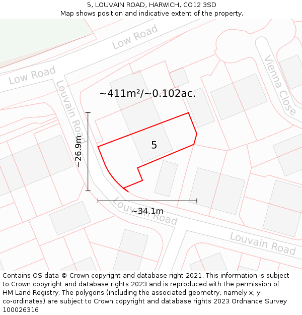 5, LOUVAIN ROAD, HARWICH, CO12 3SD: Plot and title map