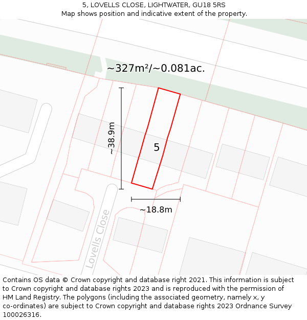 5, LOVELLS CLOSE, LIGHTWATER, GU18 5RS: Plot and title map