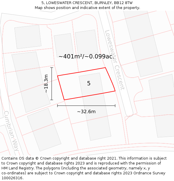 5, LOWESWATER CRESCENT, BURNLEY, BB12 8TW: Plot and title map