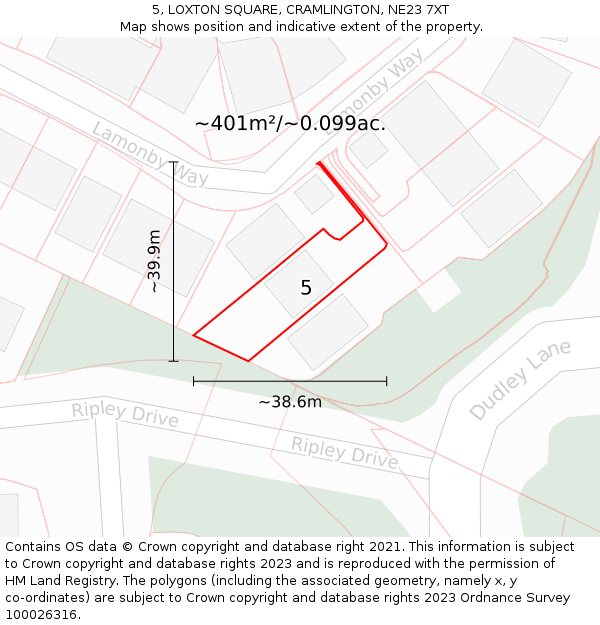 5, LOXTON SQUARE, CRAMLINGTON, NE23 7XT: Plot and title map