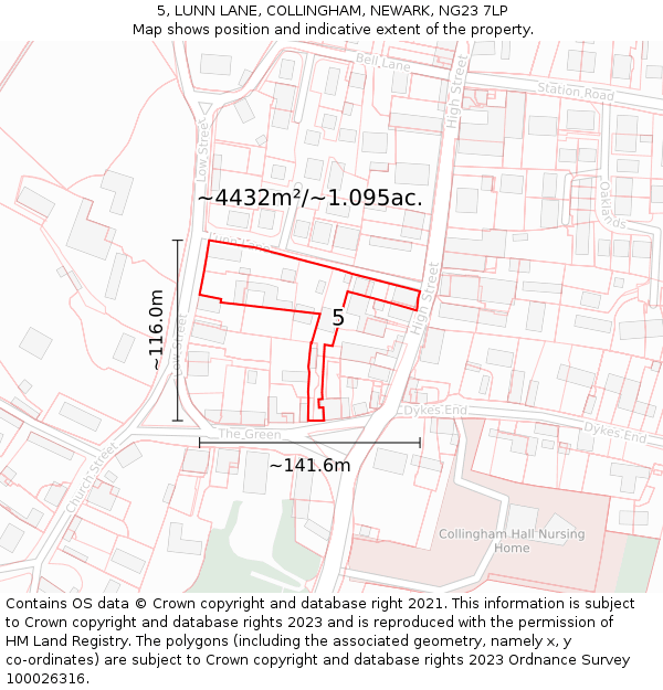 5, LUNN LANE, COLLINGHAM, NEWARK, NG23 7LP: Plot and title map