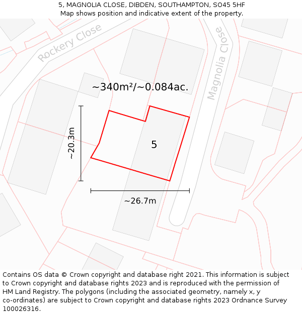 5, MAGNOLIA CLOSE, DIBDEN, SOUTHAMPTON, SO45 5HF: Plot and title map