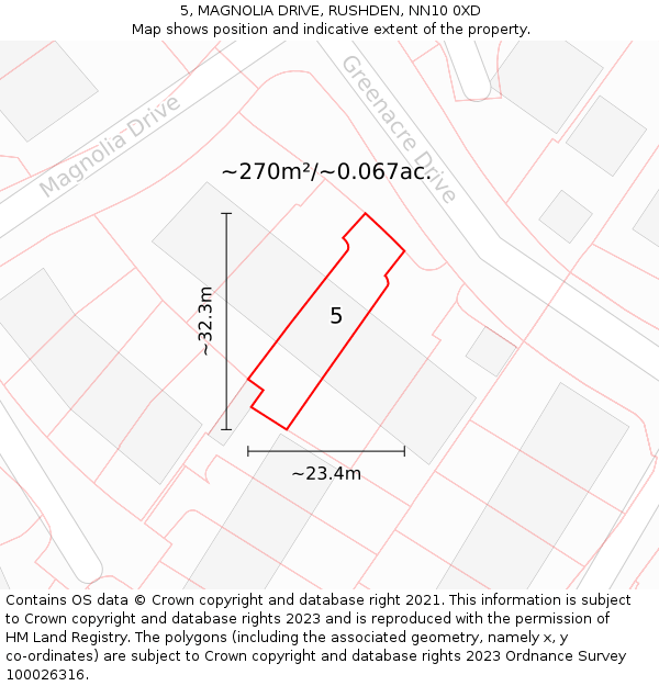 5, MAGNOLIA DRIVE, RUSHDEN, NN10 0XD: Plot and title map