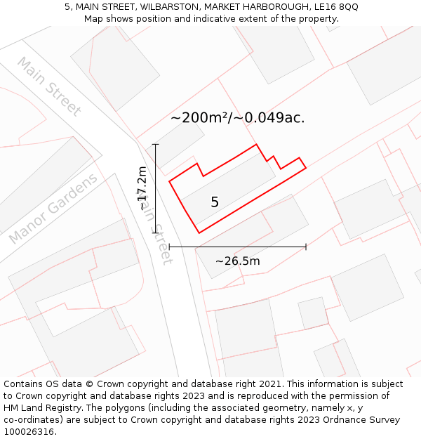 5, MAIN STREET, WILBARSTON, MARKET HARBOROUGH, LE16 8QQ: Plot and title map