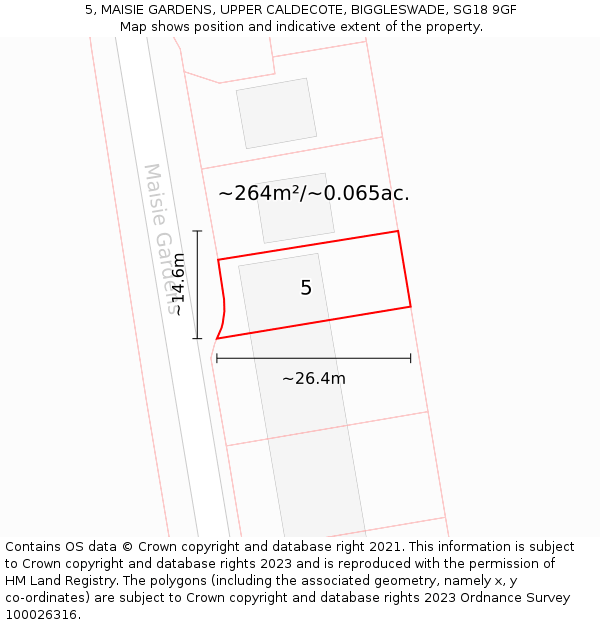 5, MAISIE GARDENS, UPPER CALDECOTE, BIGGLESWADE, SG18 9GF: Plot and title map