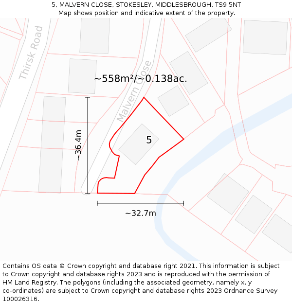 5, MALVERN CLOSE, STOKESLEY, MIDDLESBROUGH, TS9 5NT: Plot and title map