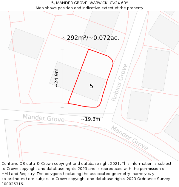 5, MANDER GROVE, WARWICK, CV34 6RY: Plot and title map