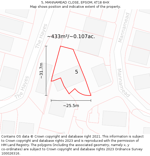 5, MANNAMEAD CLOSE, EPSOM, KT18 6HX: Plot and title map