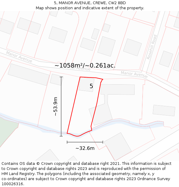 5, MANOR AVENUE, CREWE, CW2 8BD: Plot and title map