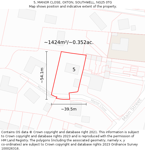 5, MANOR CLOSE, OXTON, SOUTHWELL, NG25 0TG: Plot and title map