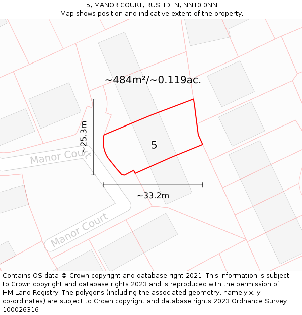 5, MANOR COURT, RUSHDEN, NN10 0NN: Plot and title map