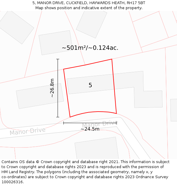 5, MANOR DRIVE, CUCKFIELD, HAYWARDS HEATH, RH17 5BT: Plot and title map