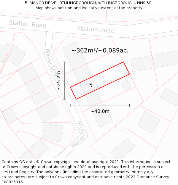 5, MANOR DRIVE, IRTHLINGBOROUGH, WELLINGBOROUGH, NN9 5SL: Plot and title map