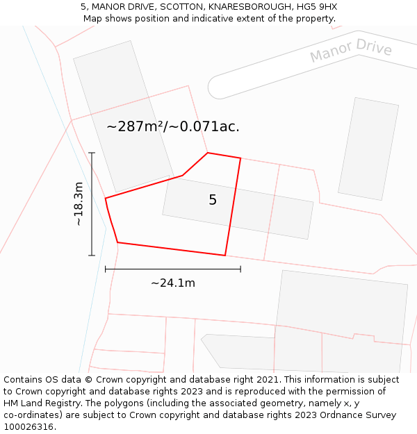 5, MANOR DRIVE, SCOTTON, KNARESBOROUGH, HG5 9HX: Plot and title map