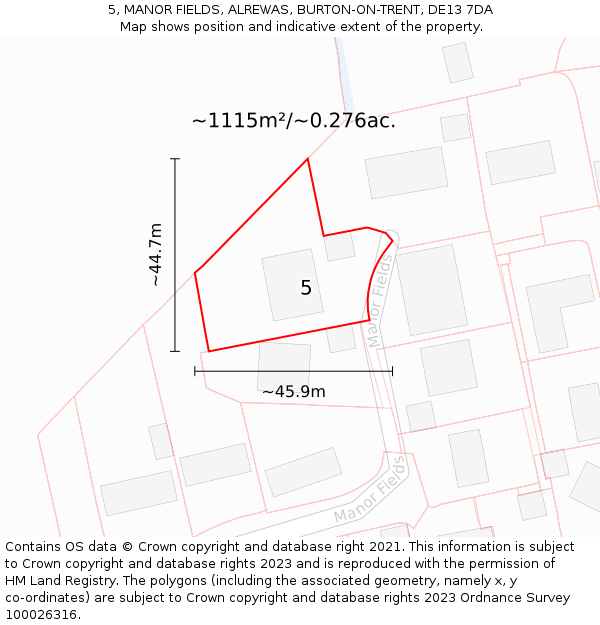 5, MANOR FIELDS, ALREWAS, BURTON-ON-TRENT, DE13 7DA: Plot and title map