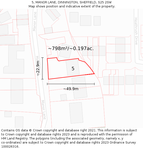 5, MANOR LANE, DINNINGTON, SHEFFIELD, S25 2SW: Plot and title map