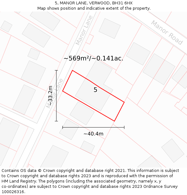 5, MANOR LANE, VERWOOD, BH31 6HX: Plot and title map