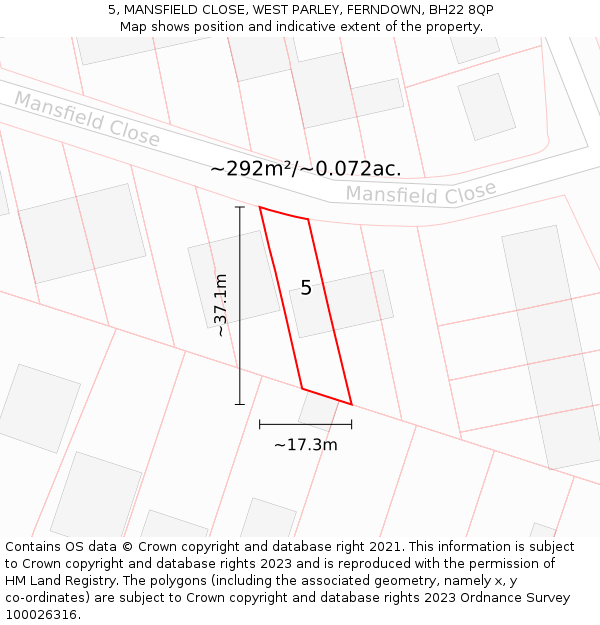5, MANSFIELD CLOSE, WEST PARLEY, FERNDOWN, BH22 8QP: Plot and title map