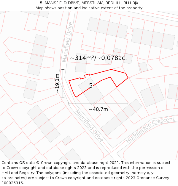 5, MANSFIELD DRIVE, MERSTHAM, REDHILL, RH1 3JX: Plot and title map