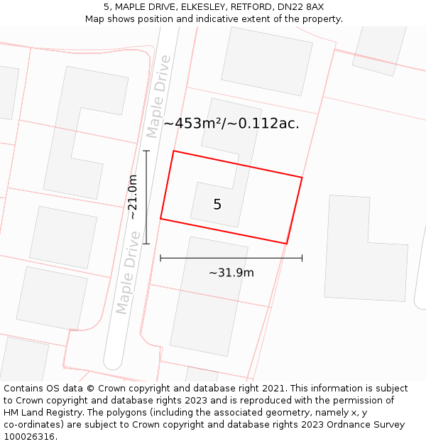 5, MAPLE DRIVE, ELKESLEY, RETFORD, DN22 8AX: Plot and title map