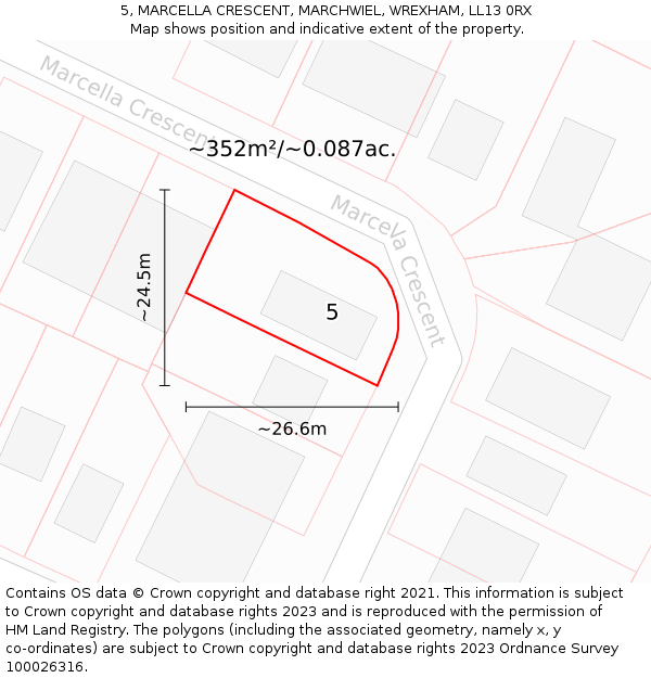 5, MARCELLA CRESCENT, MARCHWIEL, WREXHAM, LL13 0RX: Plot and title map