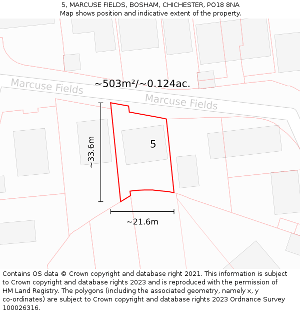 5, MARCUSE FIELDS, BOSHAM, CHICHESTER, PO18 8NA: Plot and title map