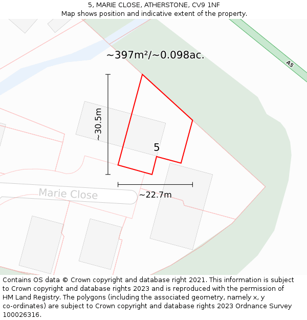 5, MARIE CLOSE, ATHERSTONE, CV9 1NF: Plot and title map