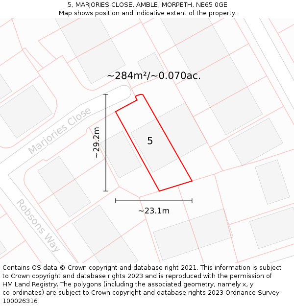 5, MARJORIES CLOSE, AMBLE, MORPETH, NE65 0GE: Plot and title map