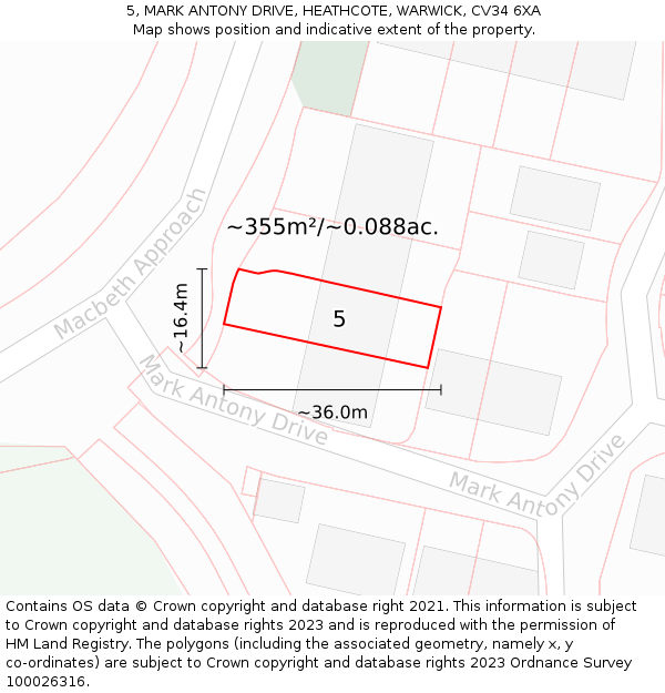 5, MARK ANTONY DRIVE, HEATHCOTE, WARWICK, CV34 6XA: Plot and title map