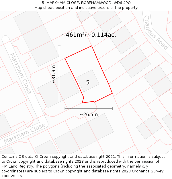 5, MARKHAM CLOSE, BOREHAMWOOD, WD6 4PQ: Plot and title map