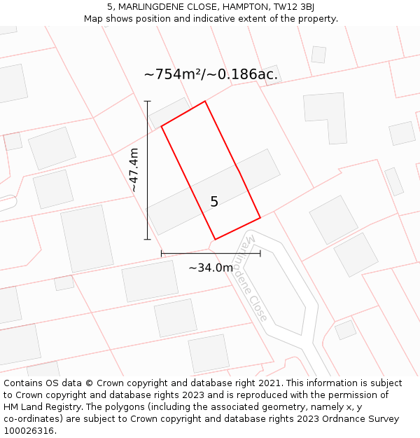 5, MARLINGDENE CLOSE, HAMPTON, TW12 3BJ: Plot and title map