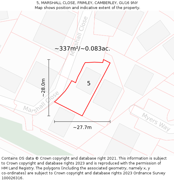 5, MARSHALL CLOSE, FRIMLEY, CAMBERLEY, GU16 9NY: Plot and title map