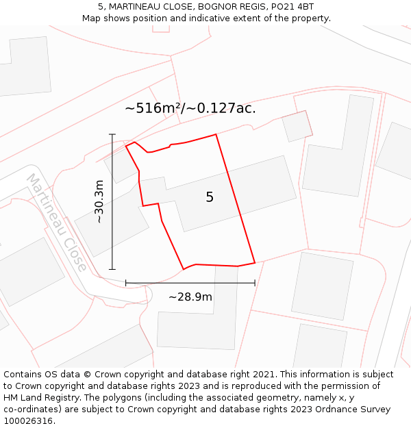 5, MARTINEAU CLOSE, BOGNOR REGIS, PO21 4BT: Plot and title map