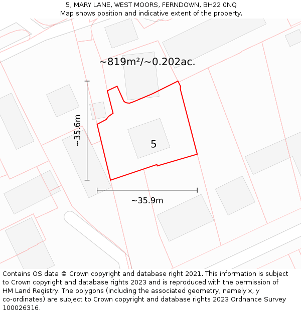 5, MARY LANE, WEST MOORS, FERNDOWN, BH22 0NQ: Plot and title map