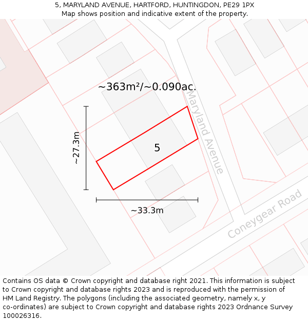 5, MARYLAND AVENUE, HARTFORD, HUNTINGDON, PE29 1PX: Plot and title map