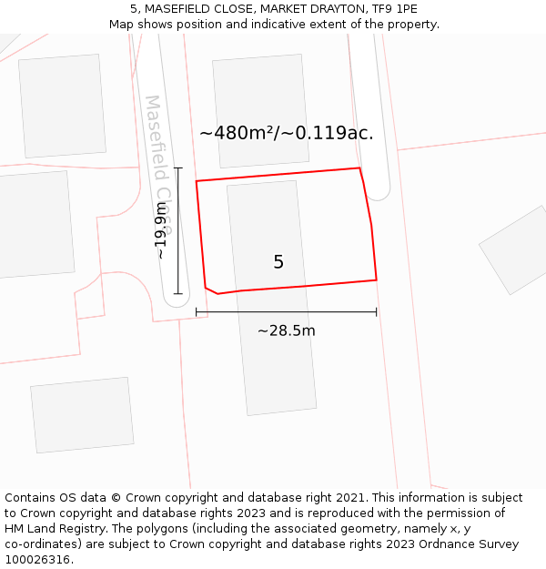 5, MASEFIELD CLOSE, MARKET DRAYTON, TF9 1PE: Plot and title map