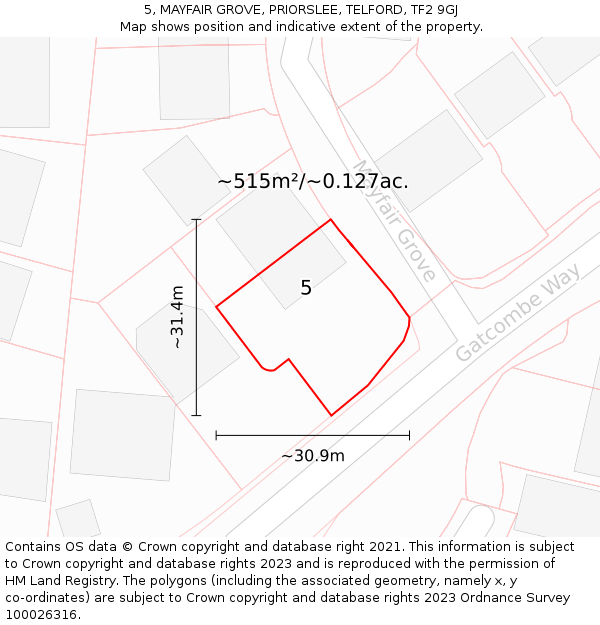 5, MAYFAIR GROVE, PRIORSLEE, TELFORD, TF2 9GJ: Plot and title map