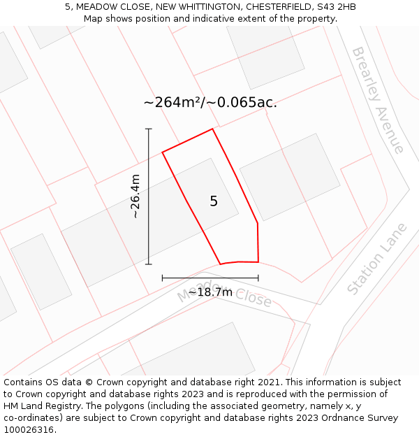 5, MEADOW CLOSE, NEW WHITTINGTON, CHESTERFIELD, S43 2HB: Plot and title map