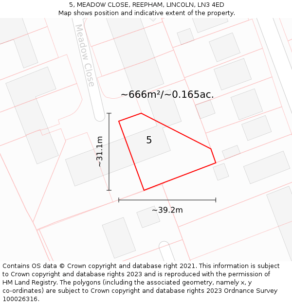 5, MEADOW CLOSE, REEPHAM, LINCOLN, LN3 4ED: Plot and title map