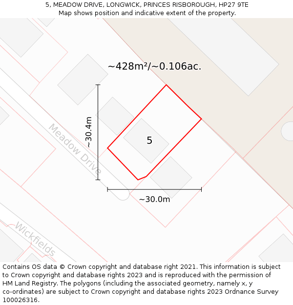 5, MEADOW DRIVE, LONGWICK, PRINCES RISBOROUGH, HP27 9TE: Plot and title map