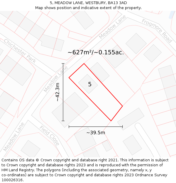 5, MEADOW LANE, WESTBURY, BA13 3AD: Plot and title map