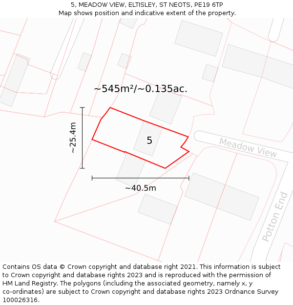 5, MEADOW VIEW, ELTISLEY, ST NEOTS, PE19 6TP: Plot and title map